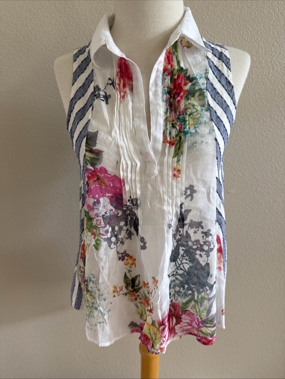 Aratta Silent Journey Blouse Top Shirt SZ S Cotton Floral Rose Stripe Hi Low Hem